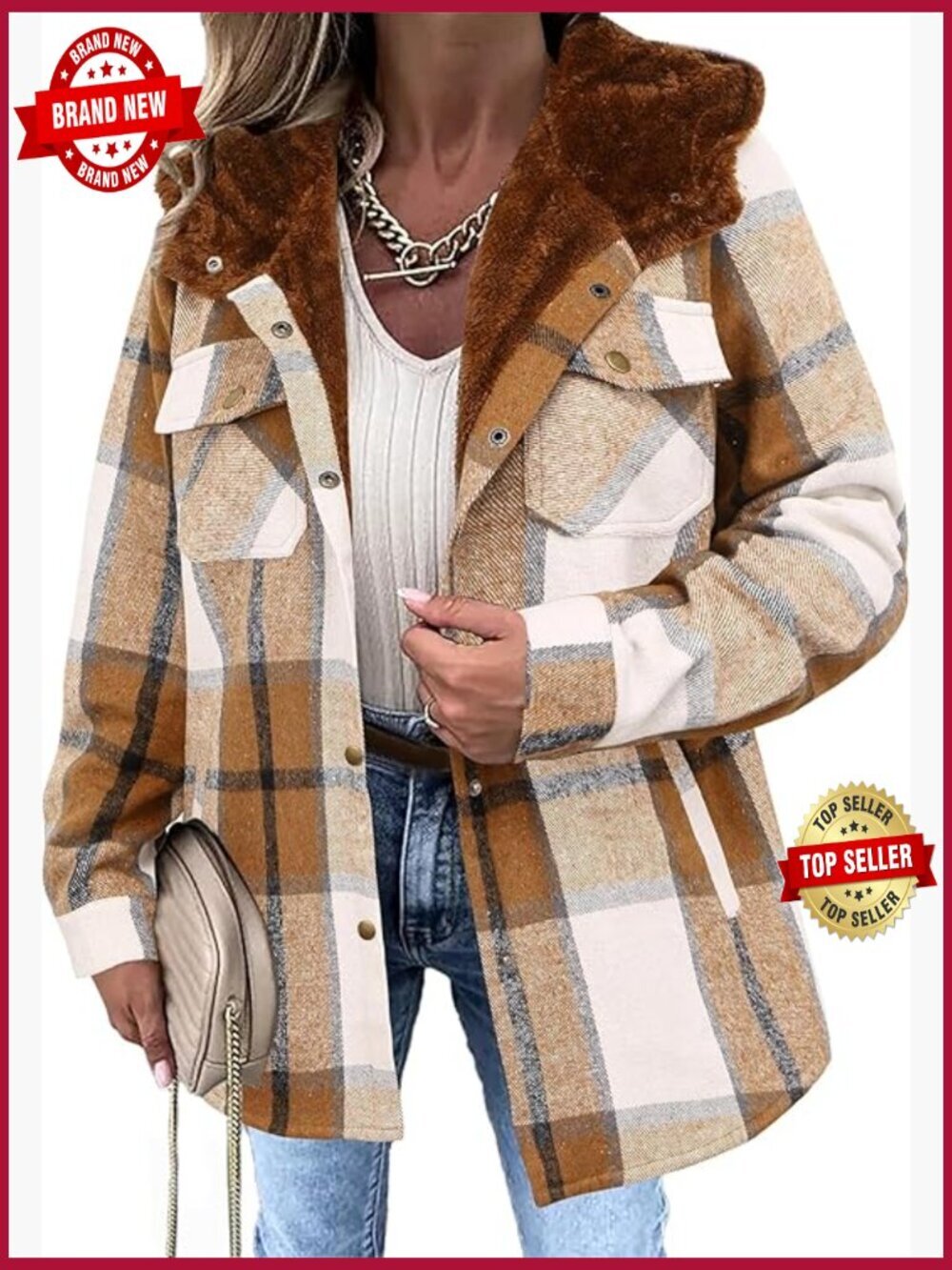 Plaid Shacket Jacket Fleece Hooded Long Sleeve Button Down Coat